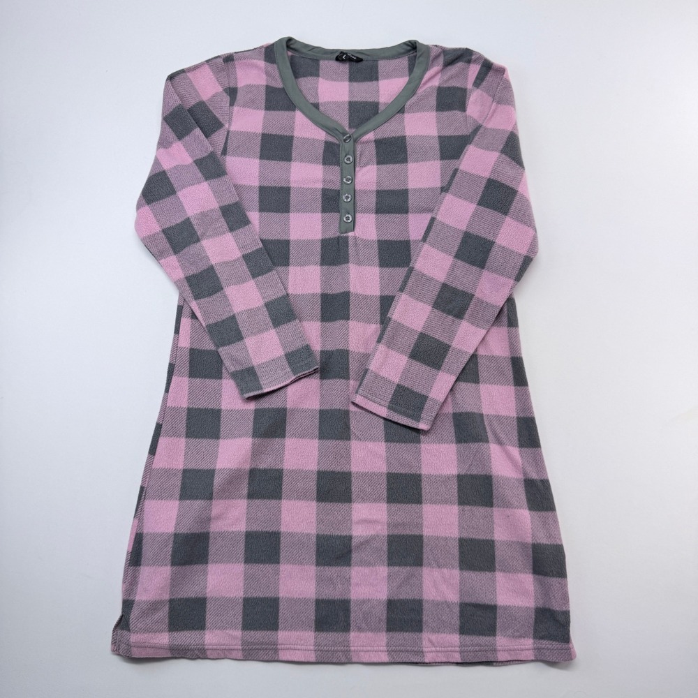 Just Love Womens Pink Grey Buffalo Plaid Fleece Henley Nightgown Size L